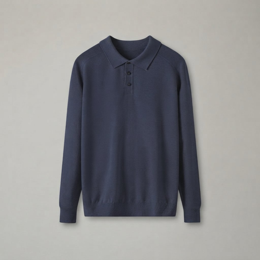 Men's Long-Sleeve Knit Polo Sweater with Collar — Navy