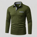 Men's Long-Sleeve Polo Shirt with Gingham Collar Detail — Army Green