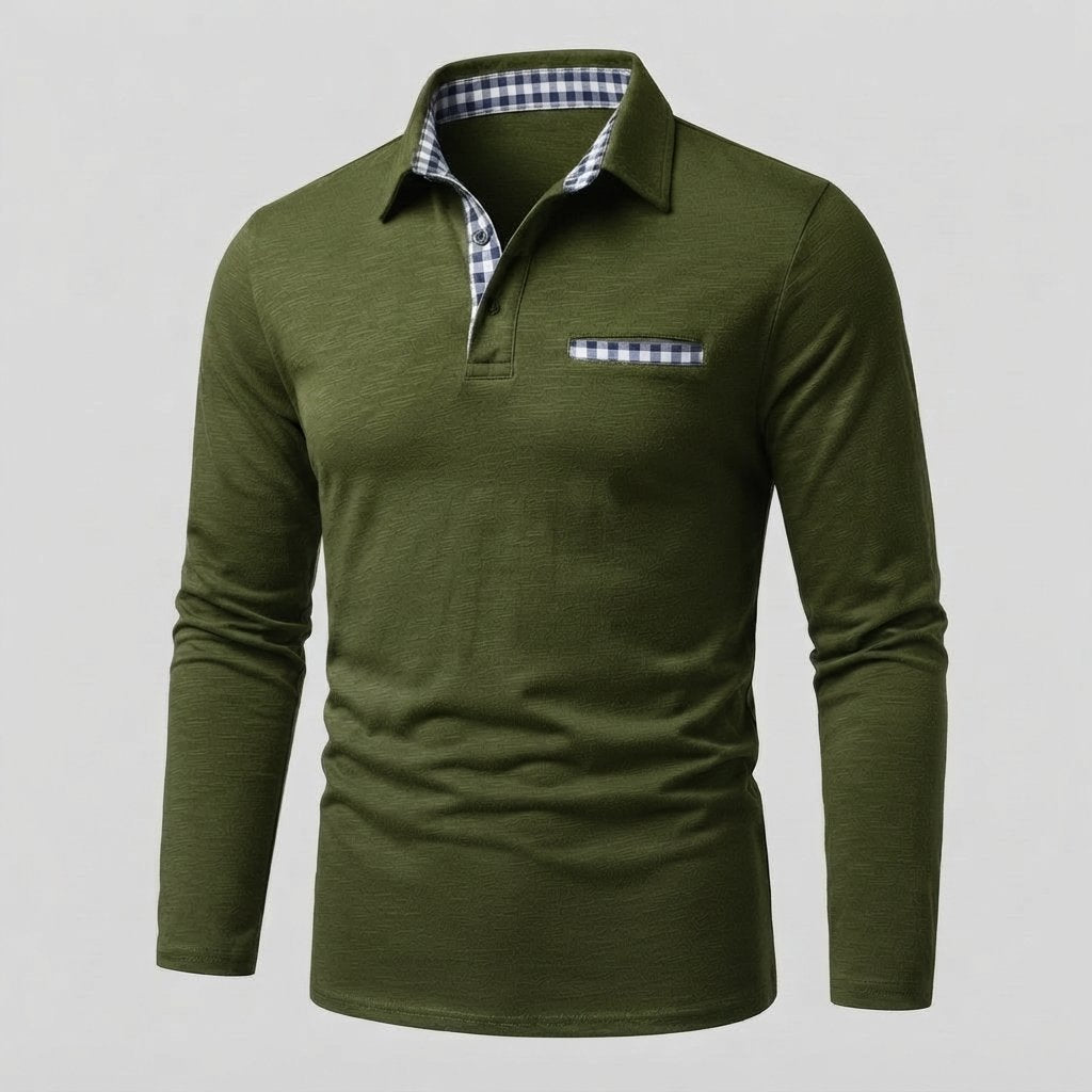 Men's Long-Sleeve Polo Shirt with Gingham Collar Detail — Army Green