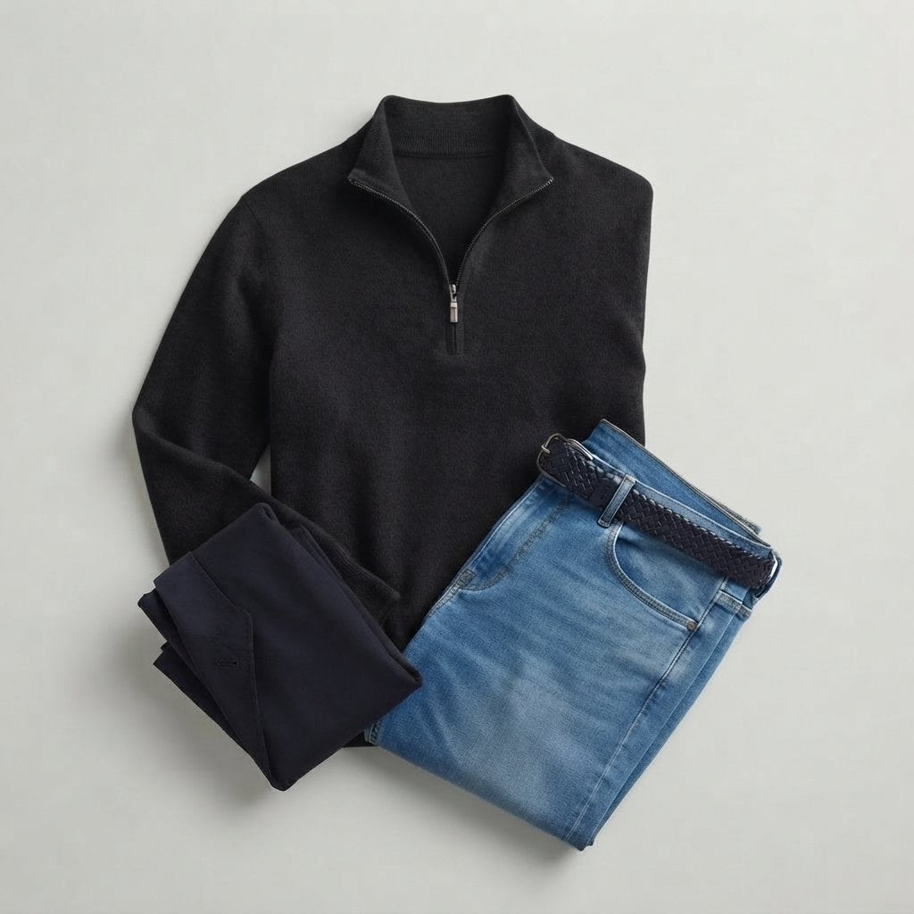 Men's Quarter-Zip Knit Jumper with Zip Collar — Black