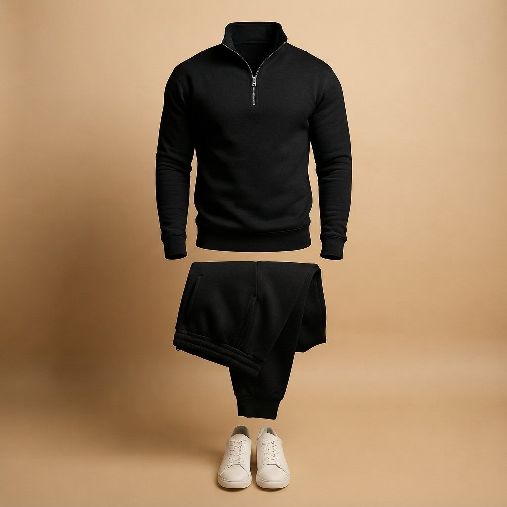 Men's Quarter-Zip Tracksuit – Sweatshirt and Joggers Set — Black