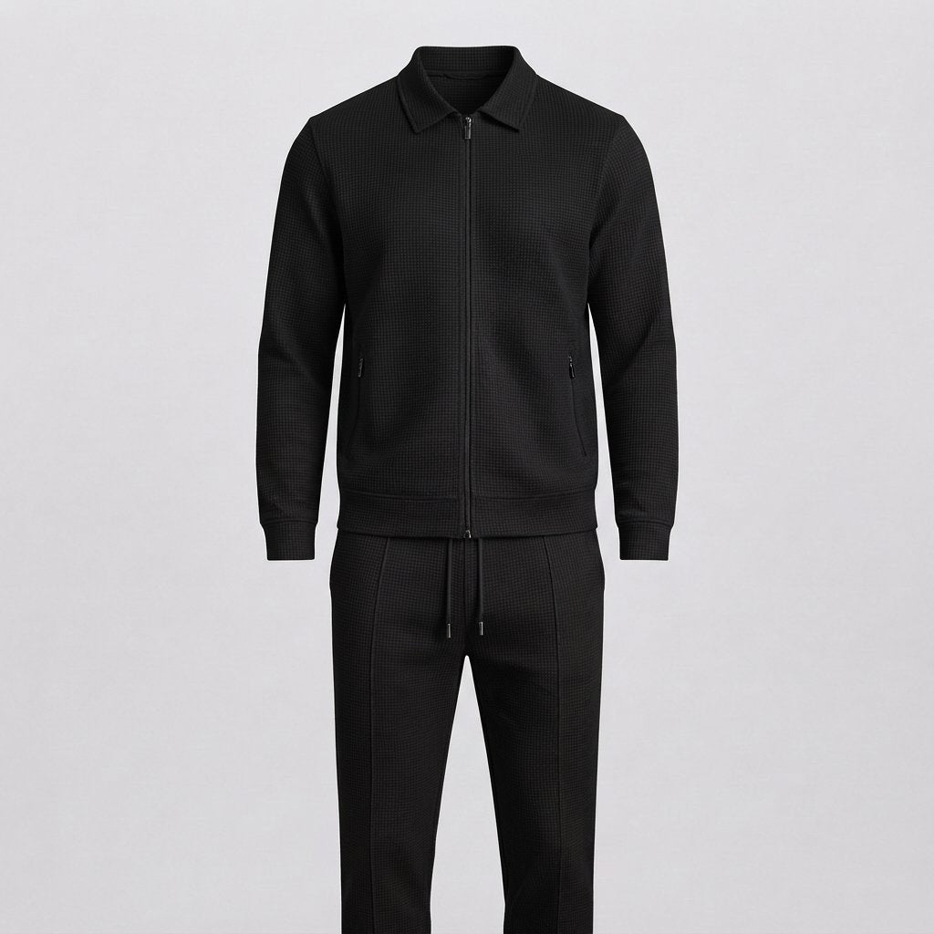 Men's Waffle-Knit Tracksuit Set, Two-Piece Zip Jacket — Black