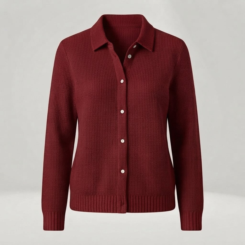 Textured Knit Collared Cardigan with Button Front — Dark Red