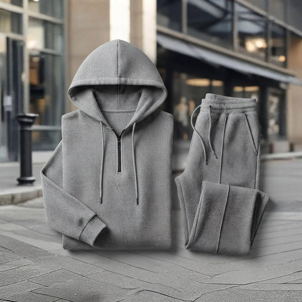Waffle-Knit Half-Zip Hoodie & Jogger Set for Men — Grey