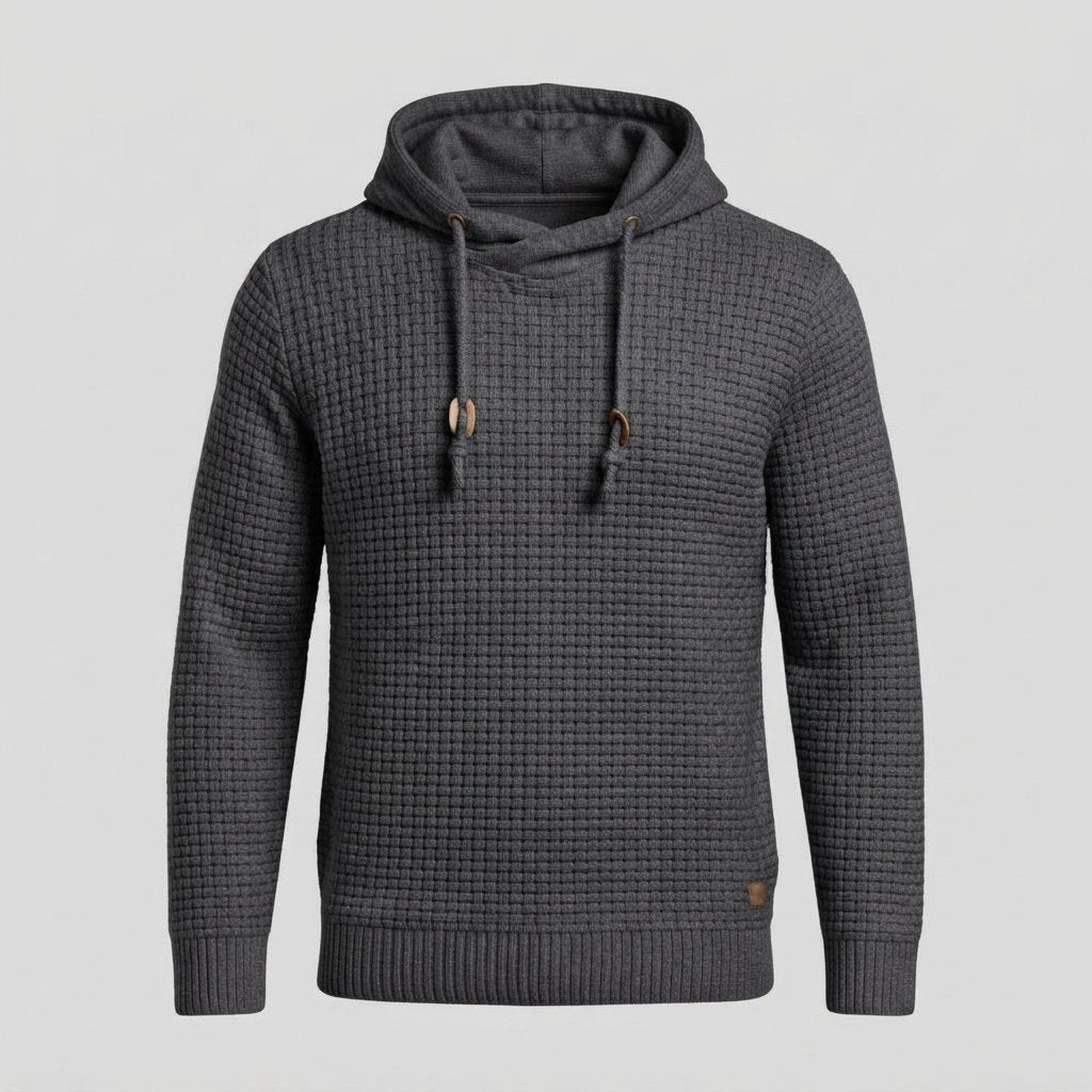 Waffle-Knit Pullover Hoodie with Drawstring Hood — Charcoal