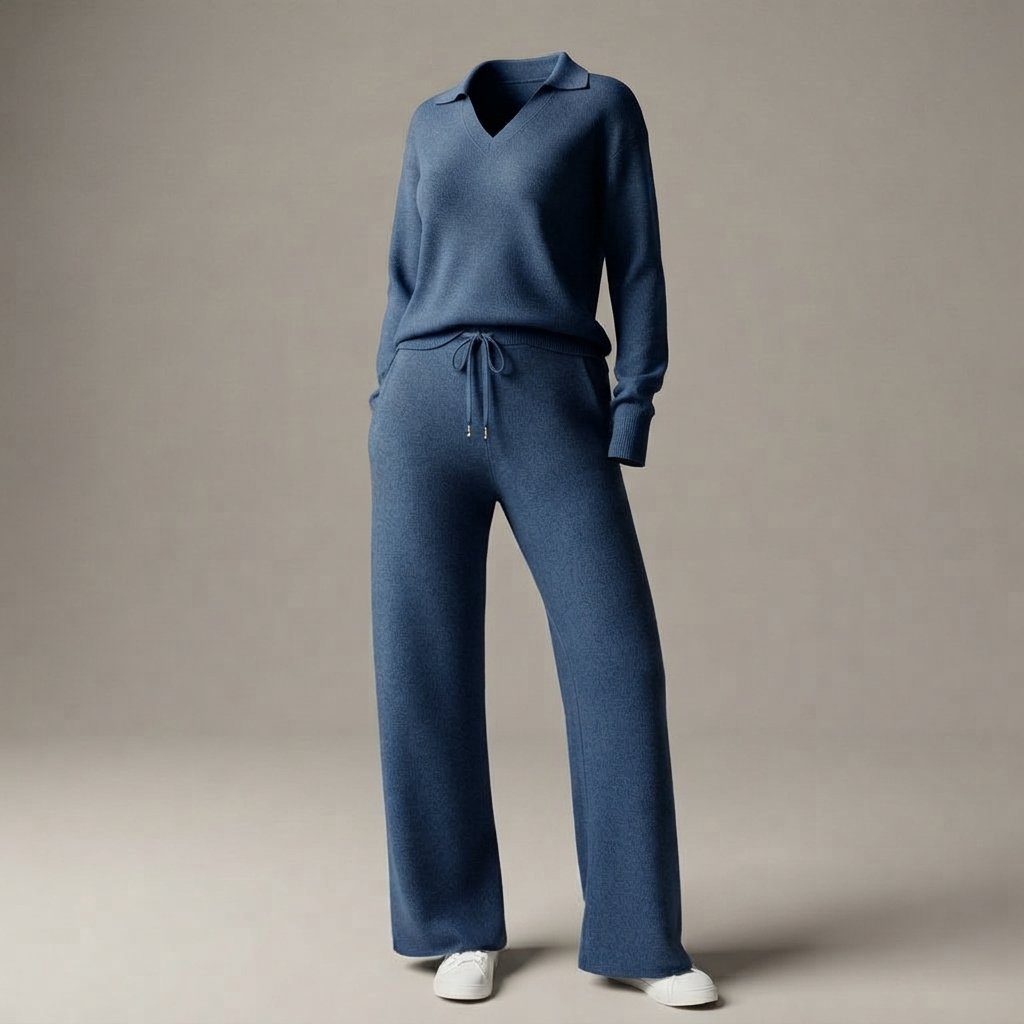 Women's 2-Piece Sweatsuit Set, Long Sleeve Top & Wide-Leg Trousers — Blue