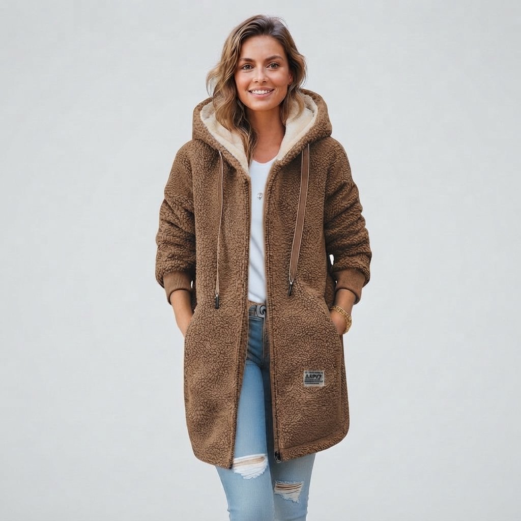 Women's Teddy Fleece Hooded Coat with Sherpa Lining — Brown