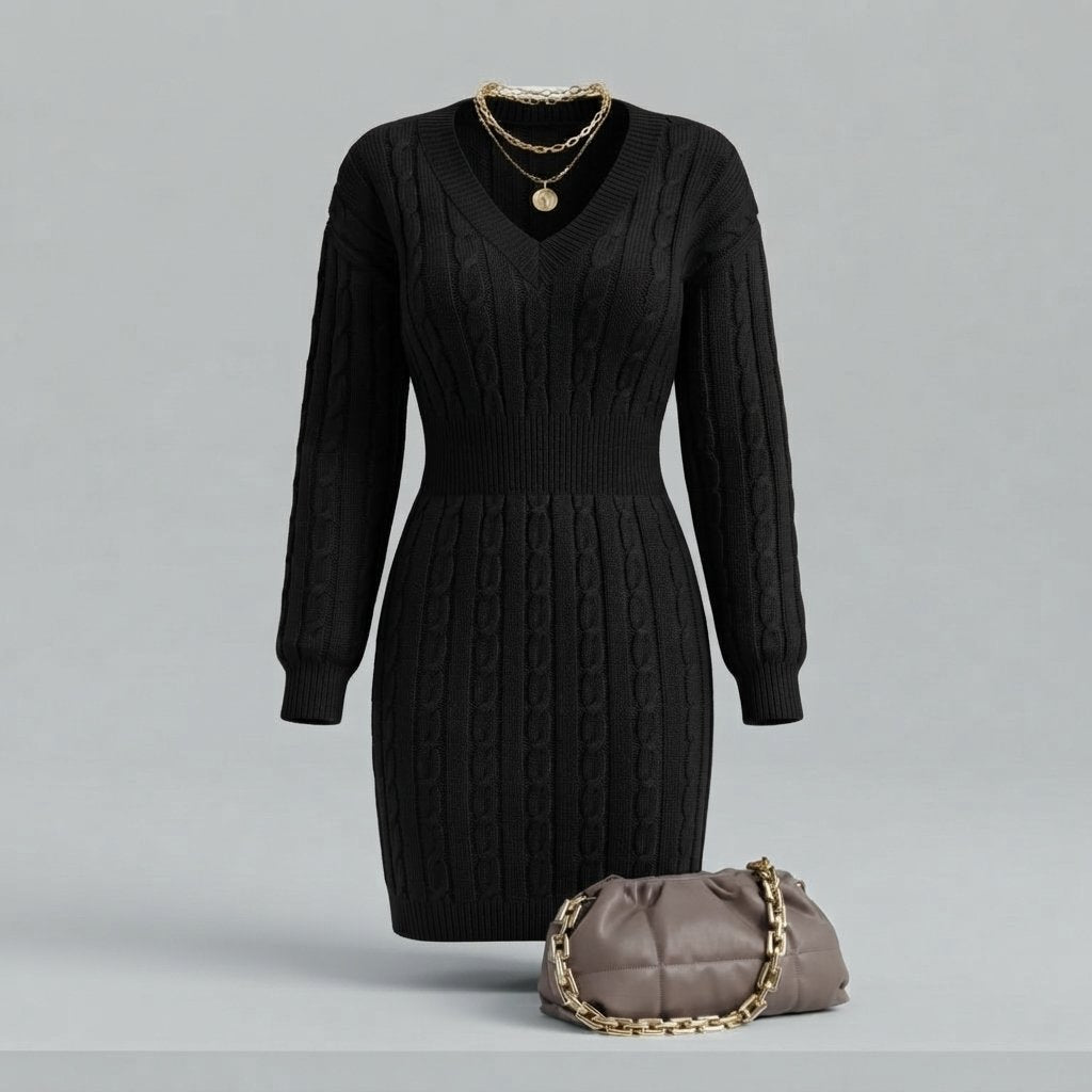 Cable Knit V-Neck Mini Dress with Elasticated Waist — Black