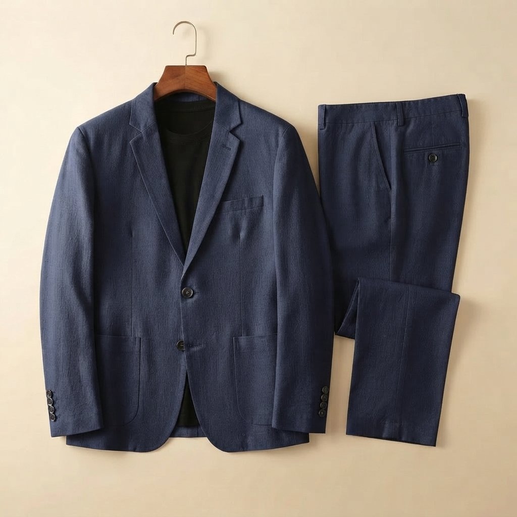 Men's Linen Blend Blazer and Trouser Set — Navy Blue