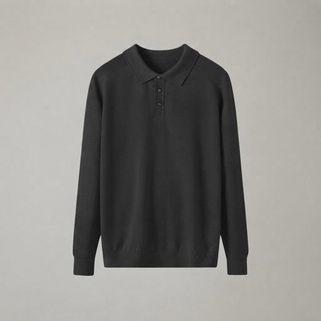 Men's Long-Sleeve Knit Polo Sweater with Collar — Black