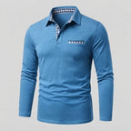 Men's Long-Sleeve Polo Shirt with Gingham Collar Detail — Light Blue