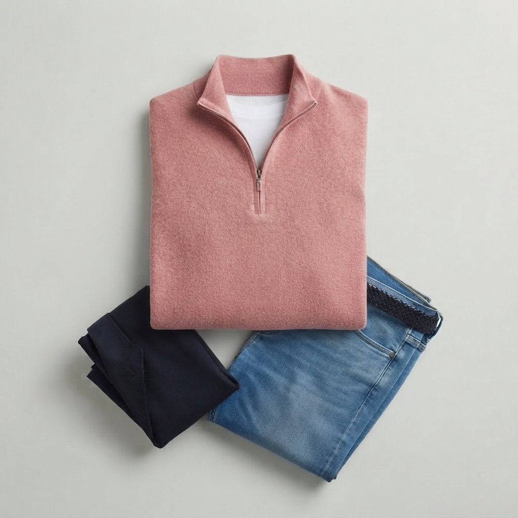 Men's Quarter-Zip Knit Jumper with Zip Collar — Pink