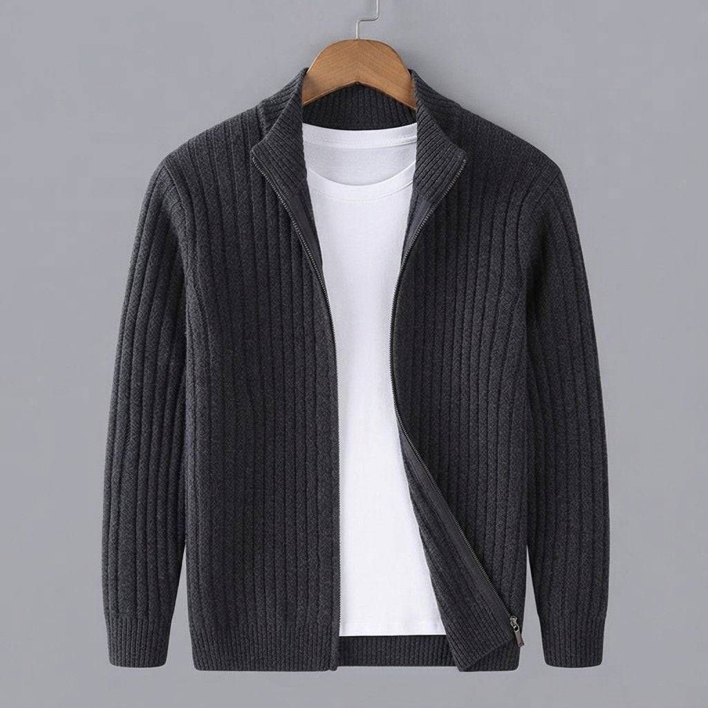 Men's Ribbed-Knit Full-Zip Cardigan Sweater — Charcoal