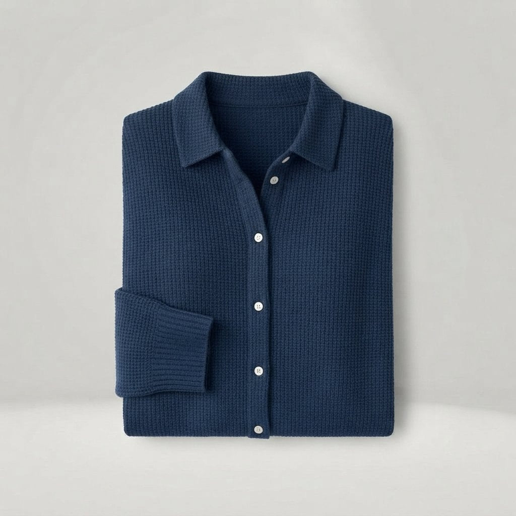 Textured Knit Collared Cardigan with Button Front — Dark Blue