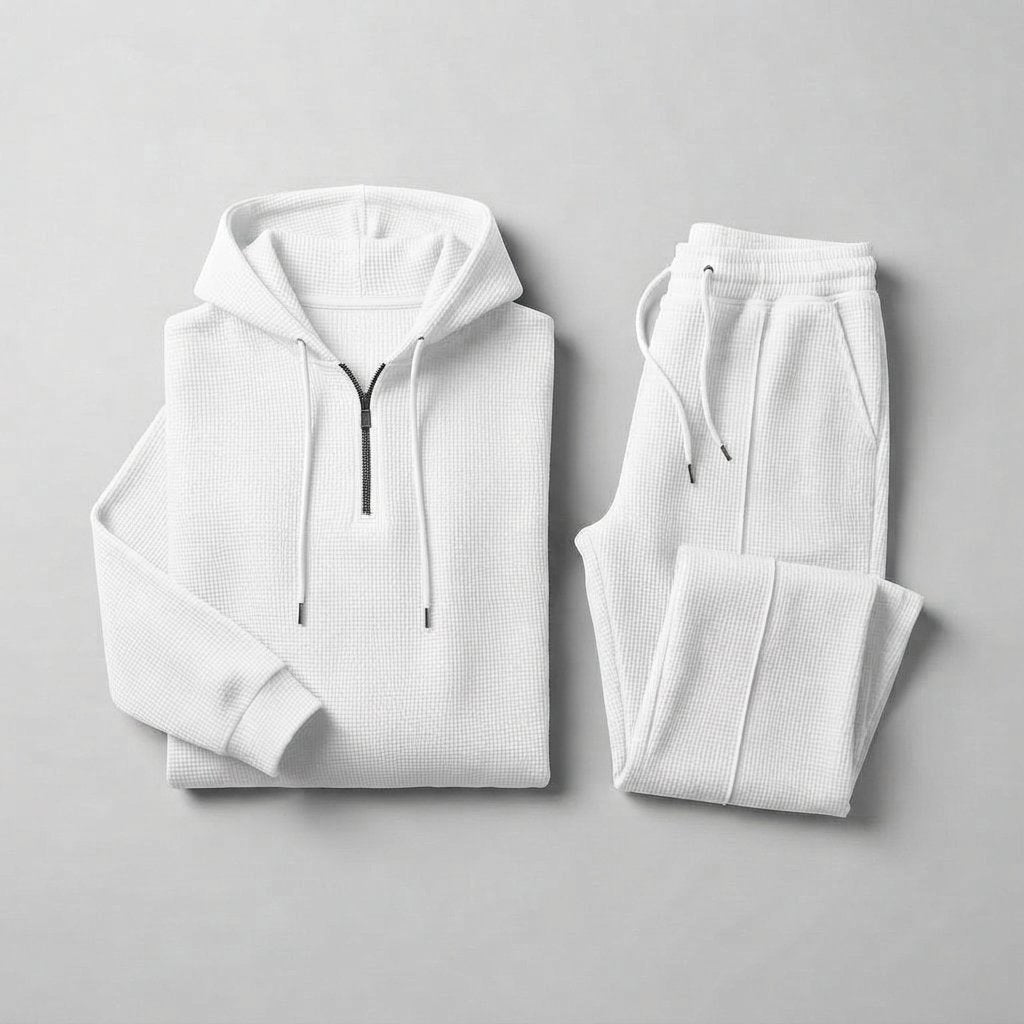 Waffle-Knit Half-Zip Hoodie & Jogger Set for Men — White