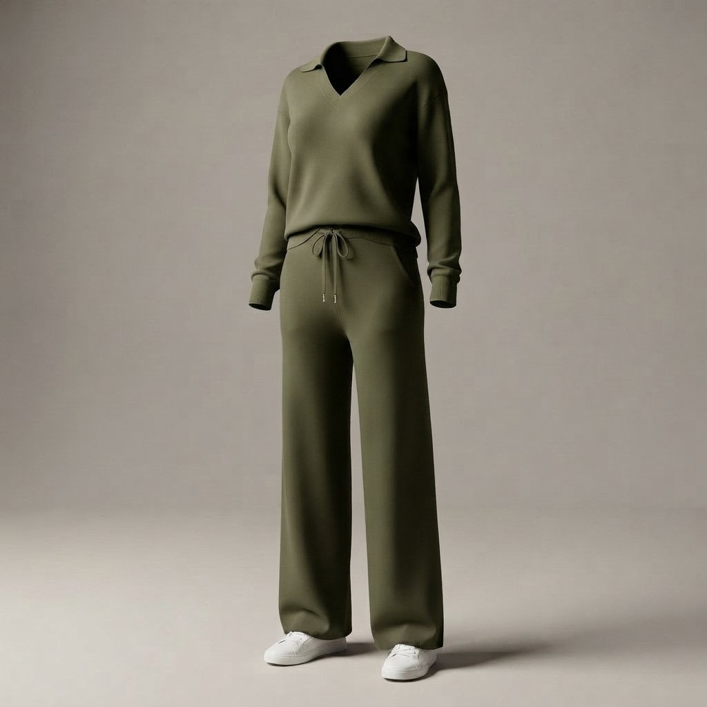 Women's 2-Piece Sweatsuit Set, Long Sleeve Top & Wide-Leg Trousers — Green
