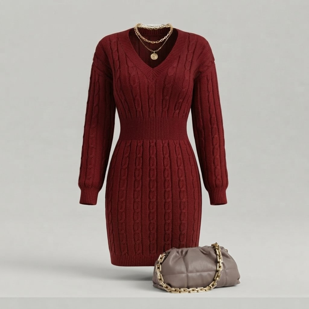 Cable Knit V-Neck Mini Dress with Elasticated Waist — Burgundy