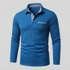Men's Long-Sleeve Polo Shirt with Gingham Collar Detail — Blue