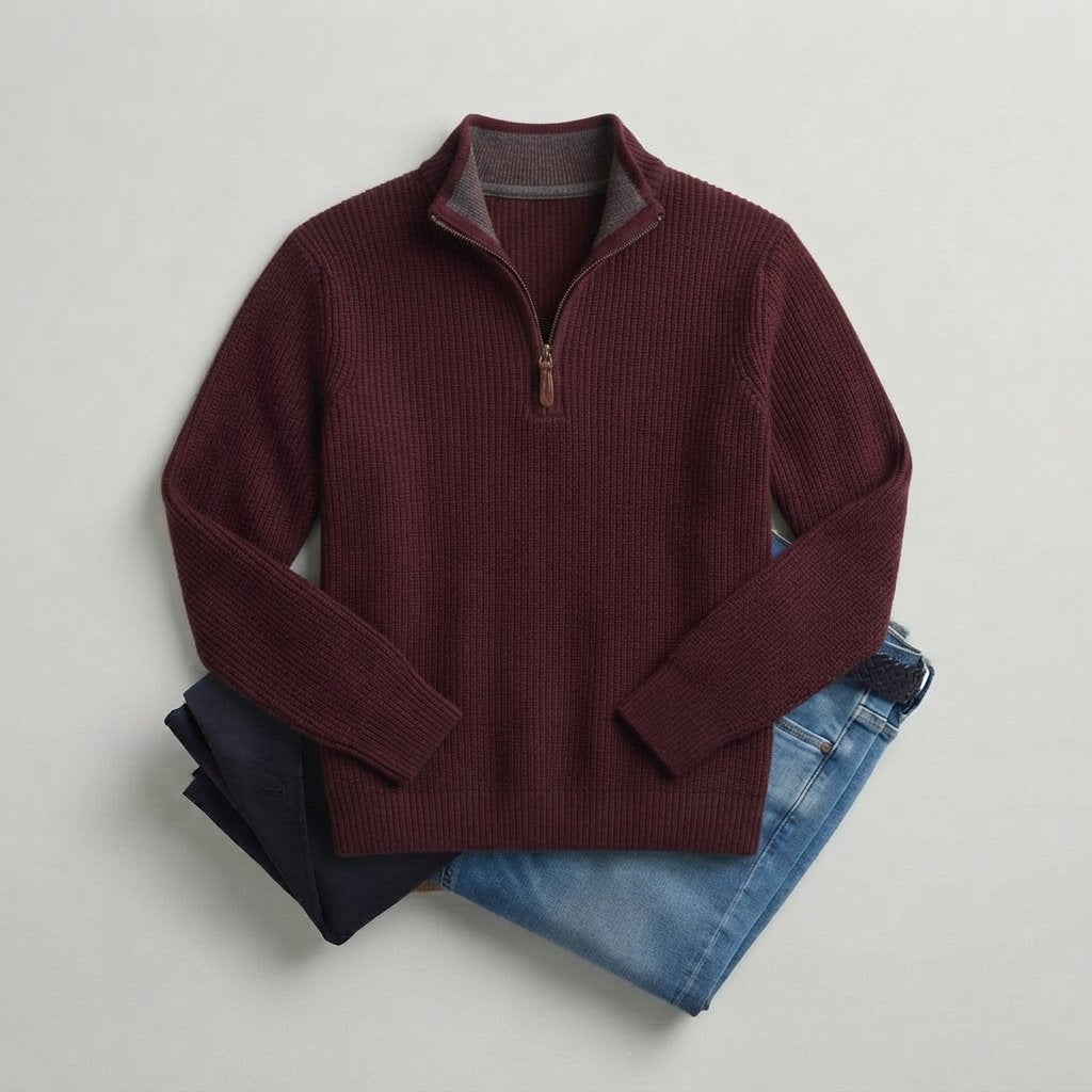 Men's Quarter-Zip Knit Jumper with Zip Collar — Burgundy