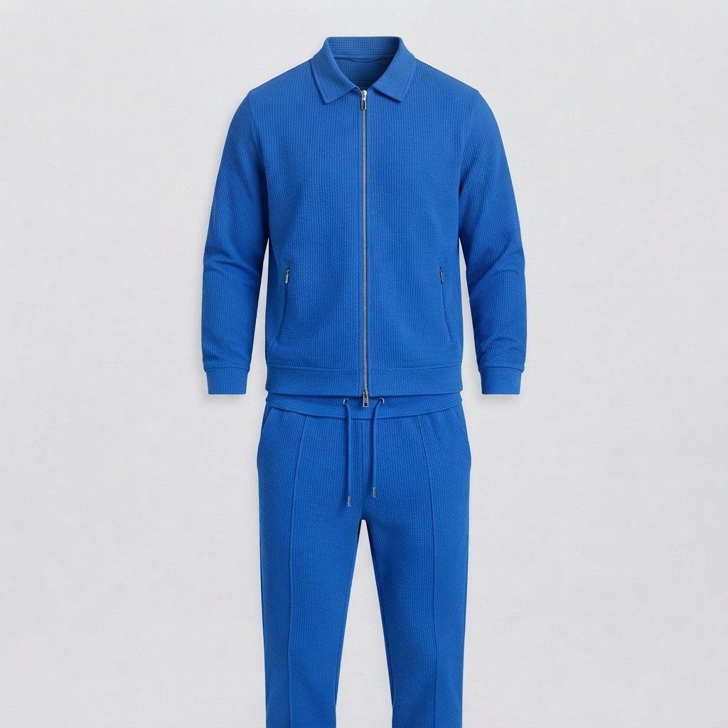Men's Waffle-Knit Tracksuit Set, Two-Piece Zip Jacket — Blue