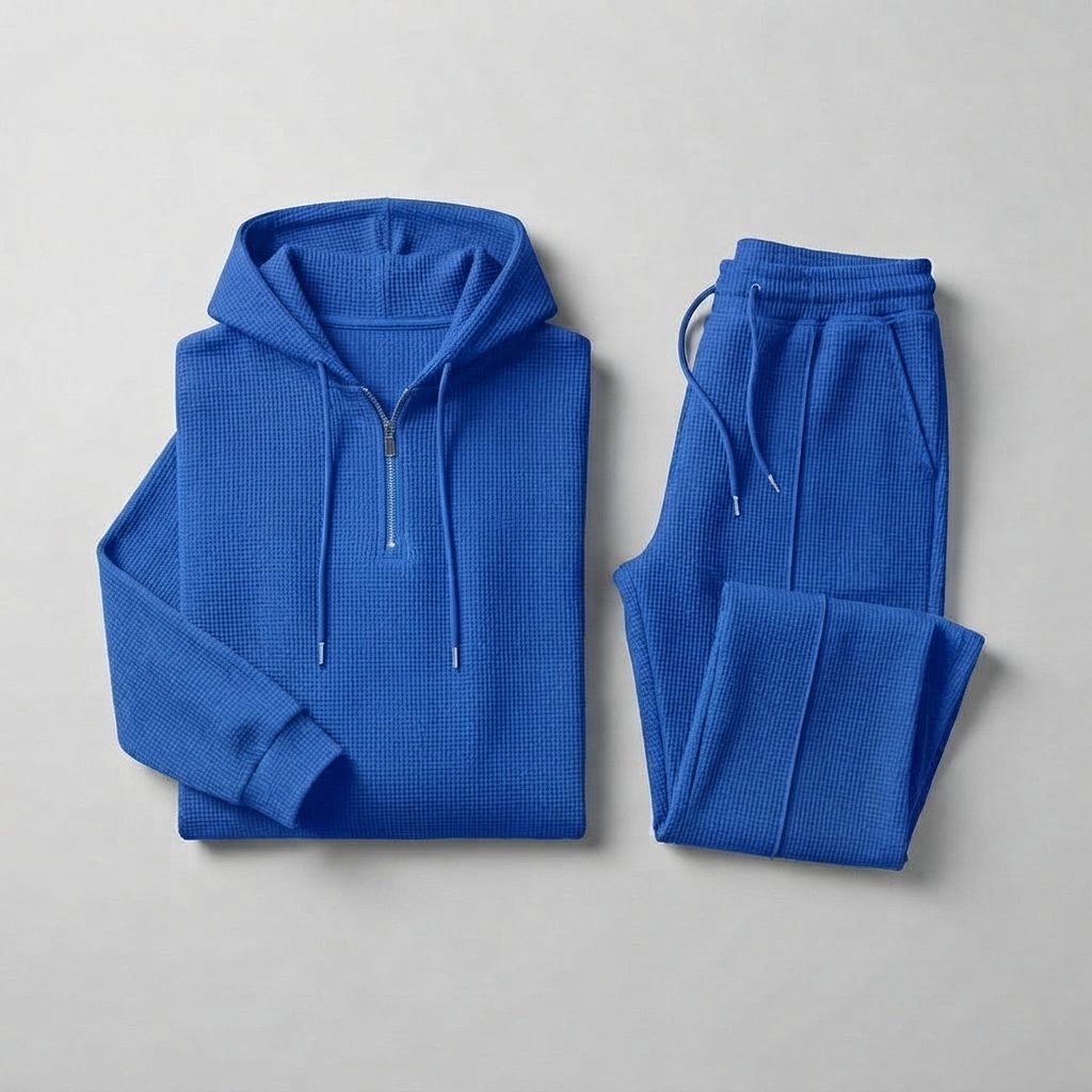 Waffle-Knit Half-Zip Hoodie & Jogger Set for Men — Blue