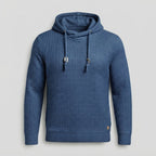 Waffle-Knit Pullover Hoodie with Drawstring Hood — Blue