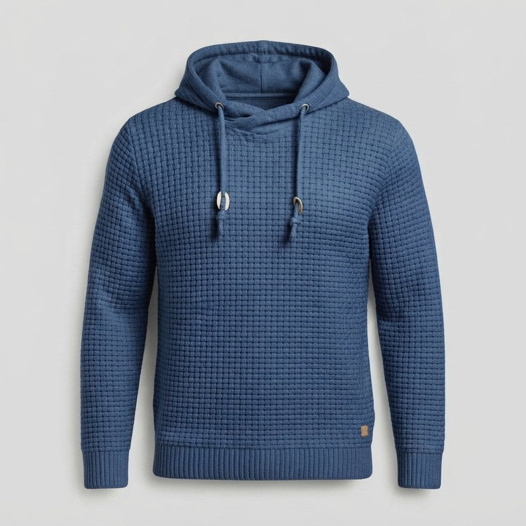 Waffle-Knit Pullover Hoodie with Drawstring Hood — Blue
