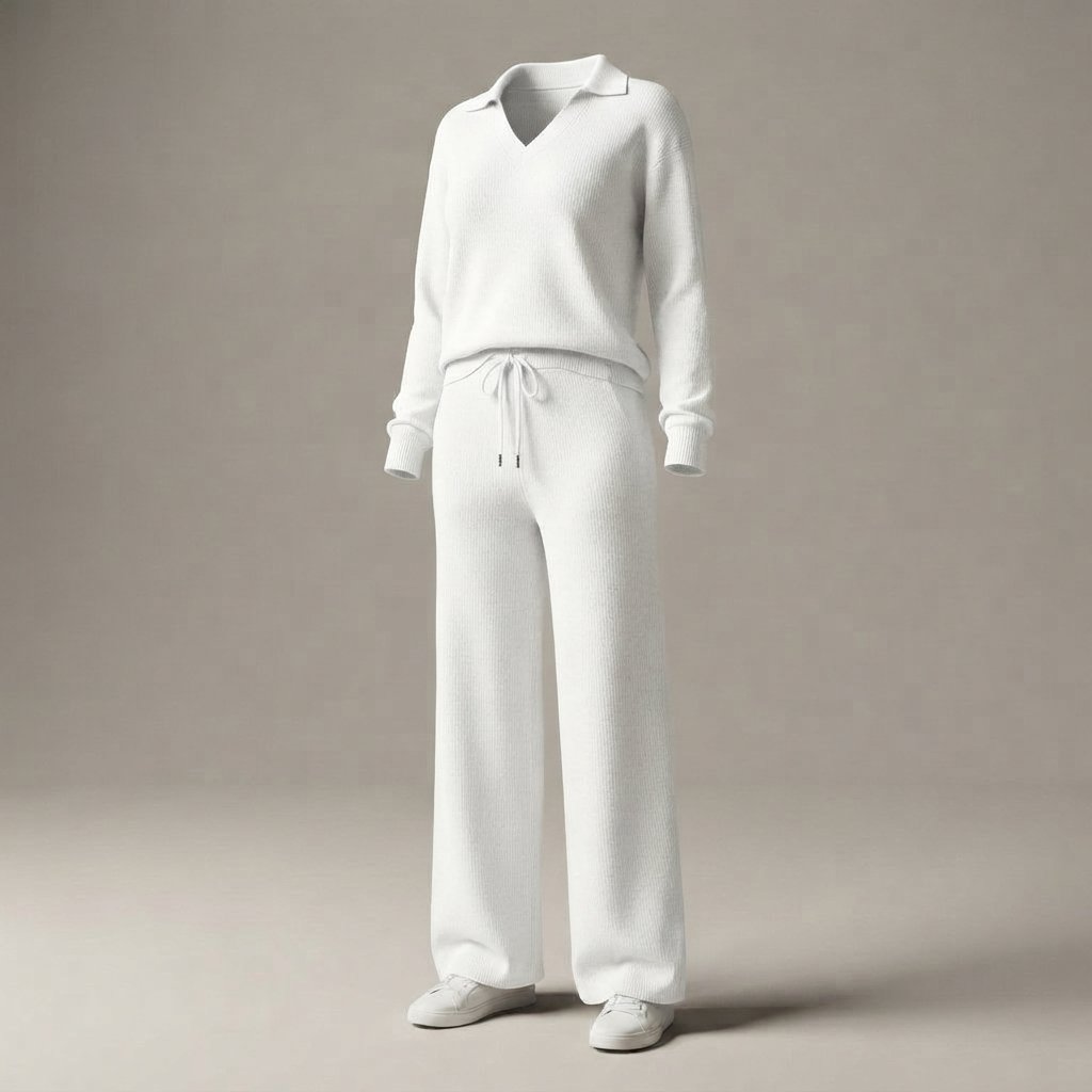 Women's 2-Piece Sweatsuit Set, Long Sleeve Top & Wide-Leg Trousers — White