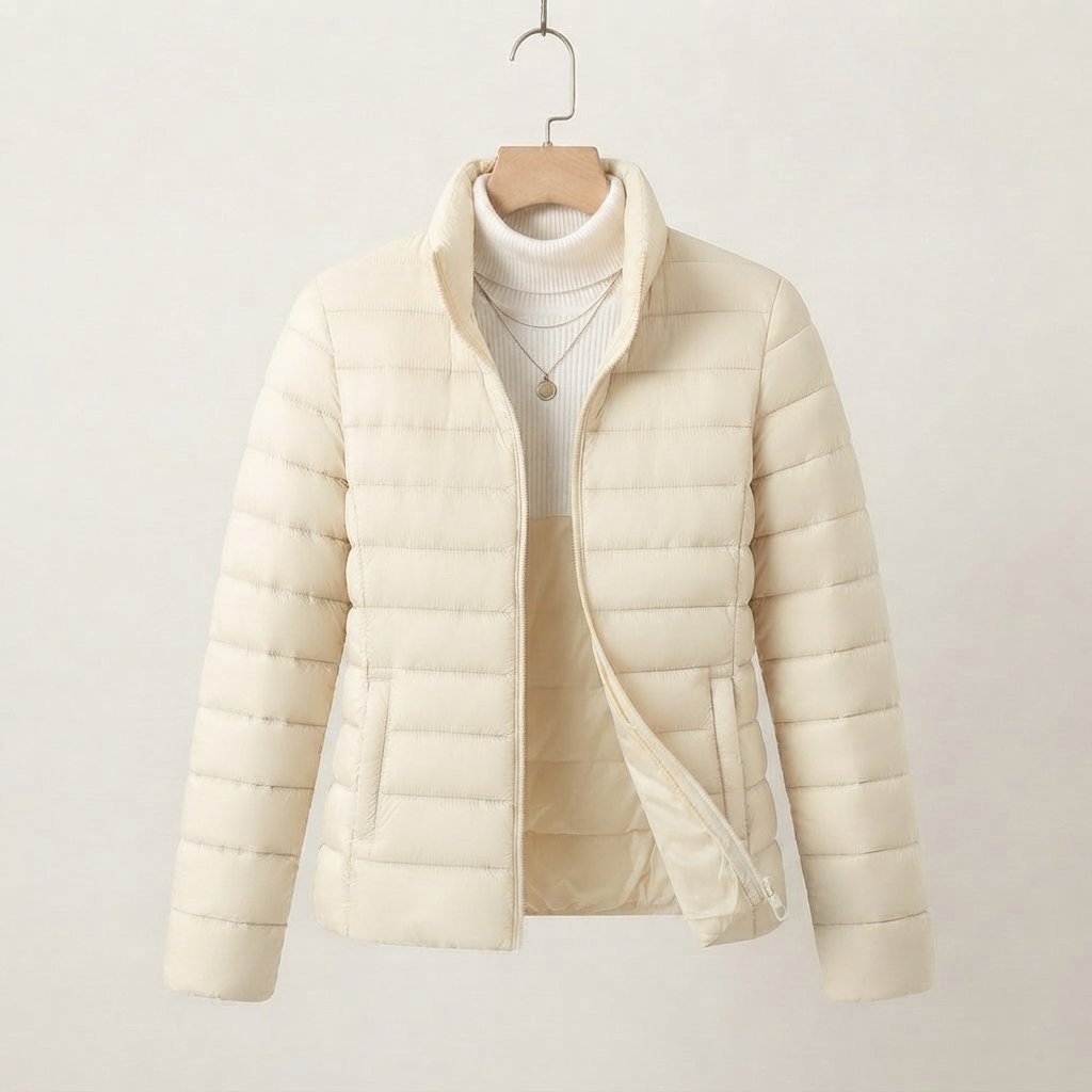Women's Lightweight Quilted Jacket with Stand Collar — Cream