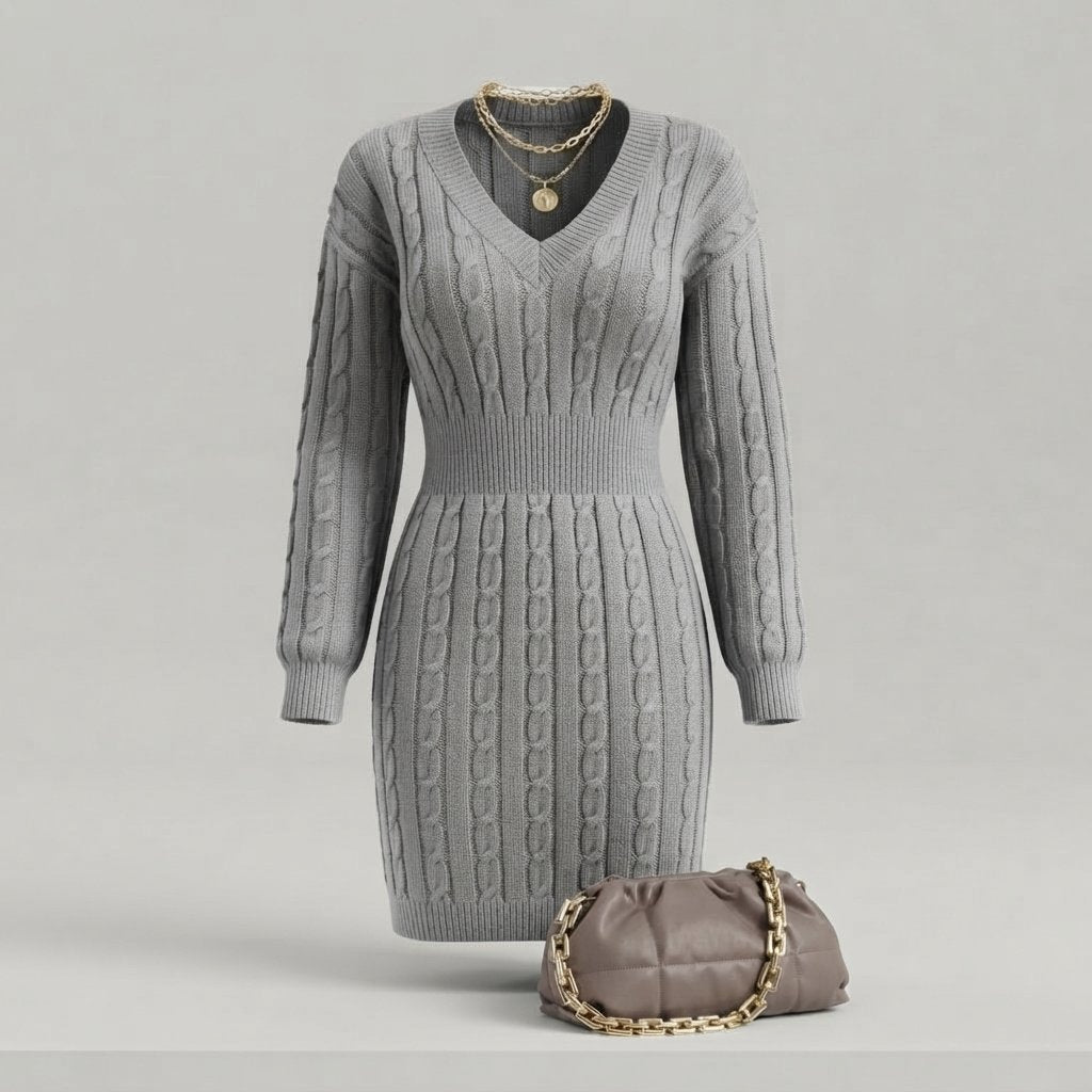 Cable Knit V-Neck Mini Dress with Elasticated Waist — Grey