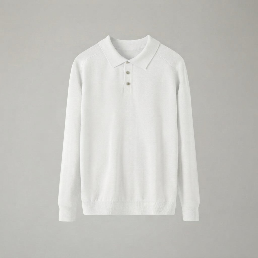 Men's Long-Sleeve Knit Polo Sweater with Collar — White