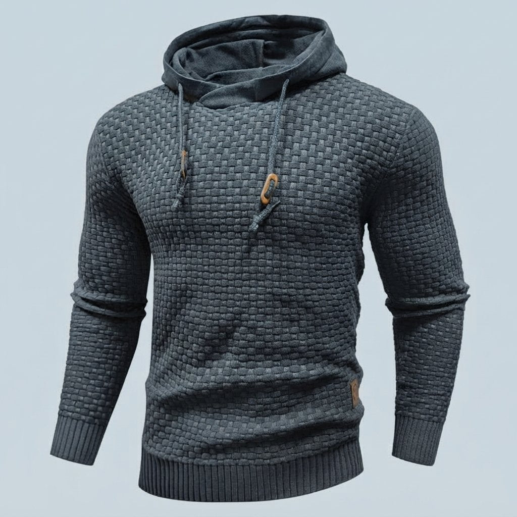 Waffle-Knit Pullover Hoodie with Drawstring Hood — Grey