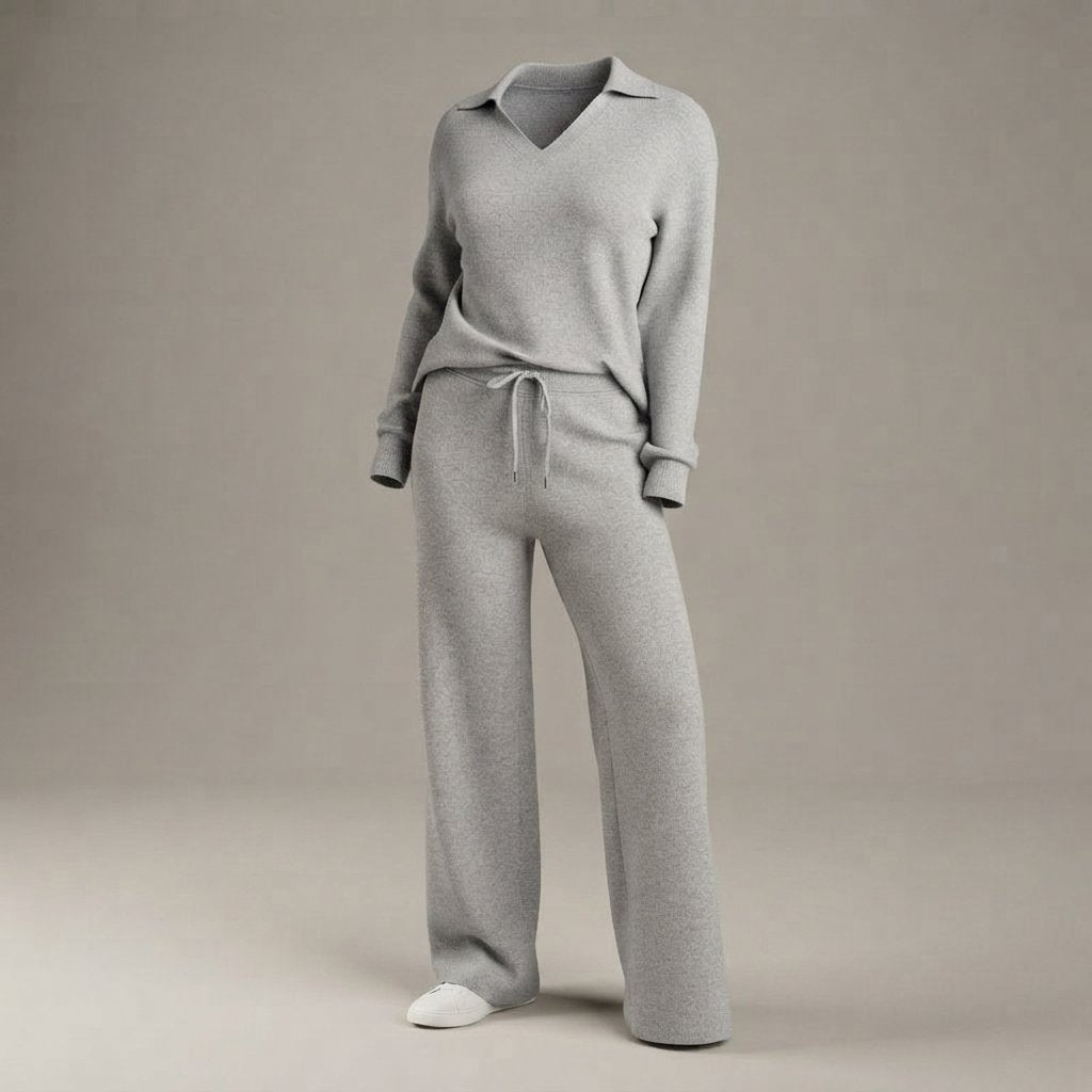 Women's 2-Piece Sweatsuit Set, Long Sleeve Top & Wide-Leg Trousers — Grey