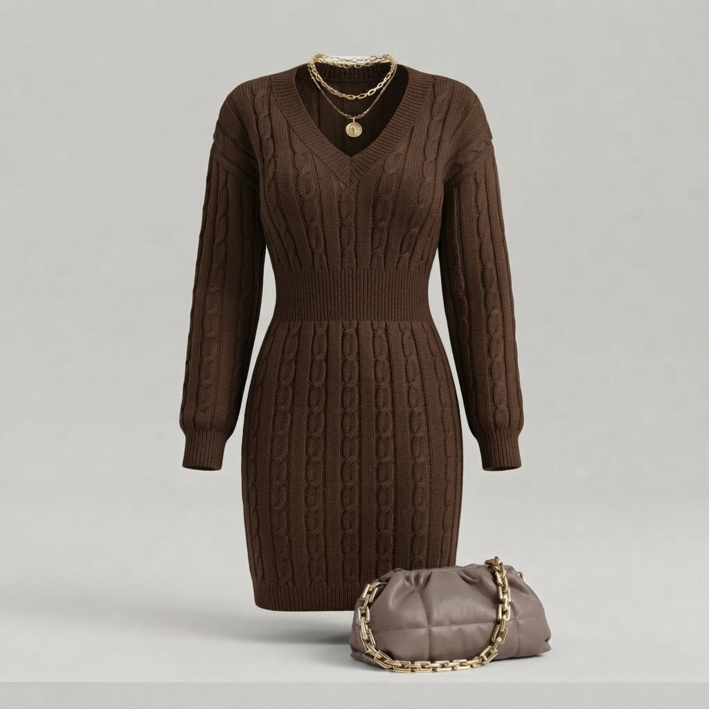 Cable Knit V-Neck Mini Dress with Elasticated Waist — Brown