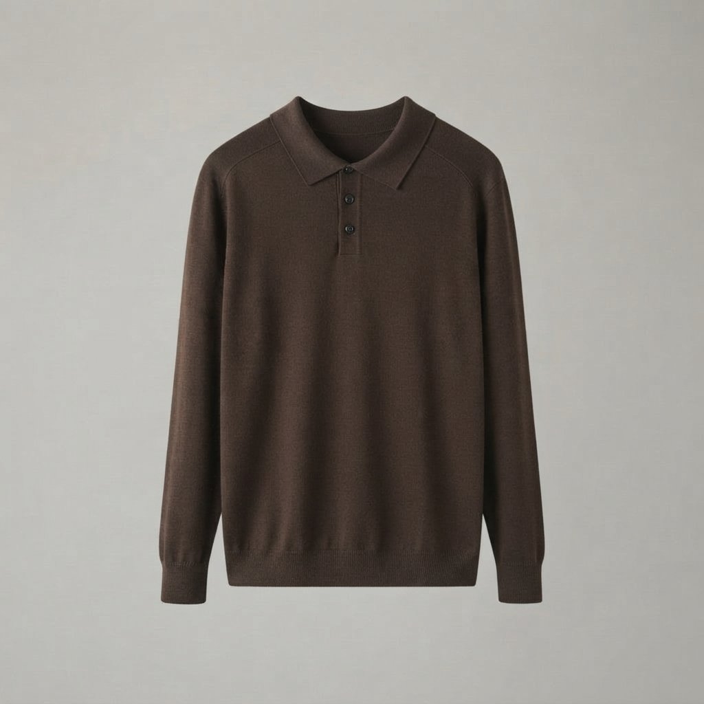 Men's Long-Sleeve Knit Polo Sweater with Collar — Brown