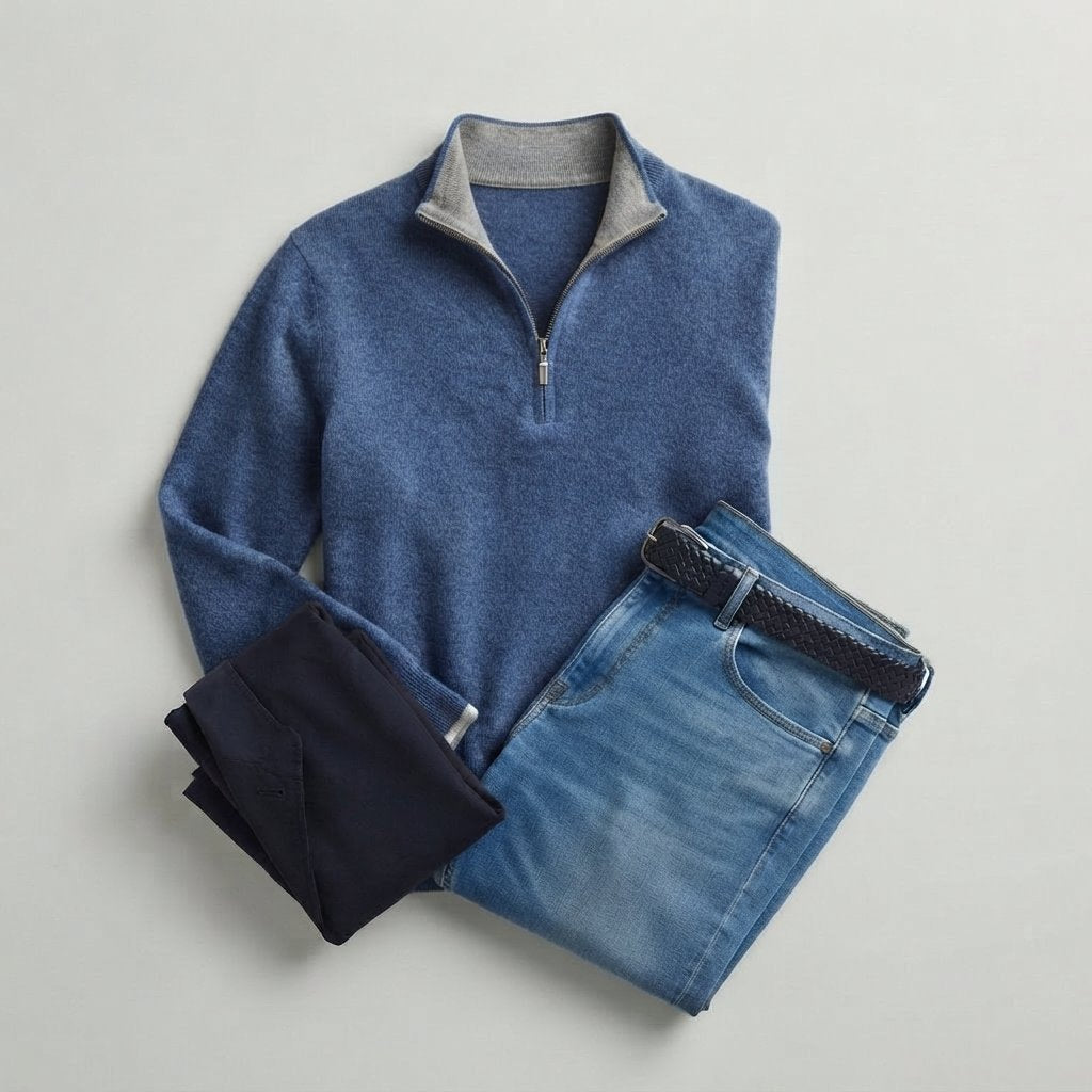Men's Quarter-Zip Knit Jumper with Zip Collar — Blue
