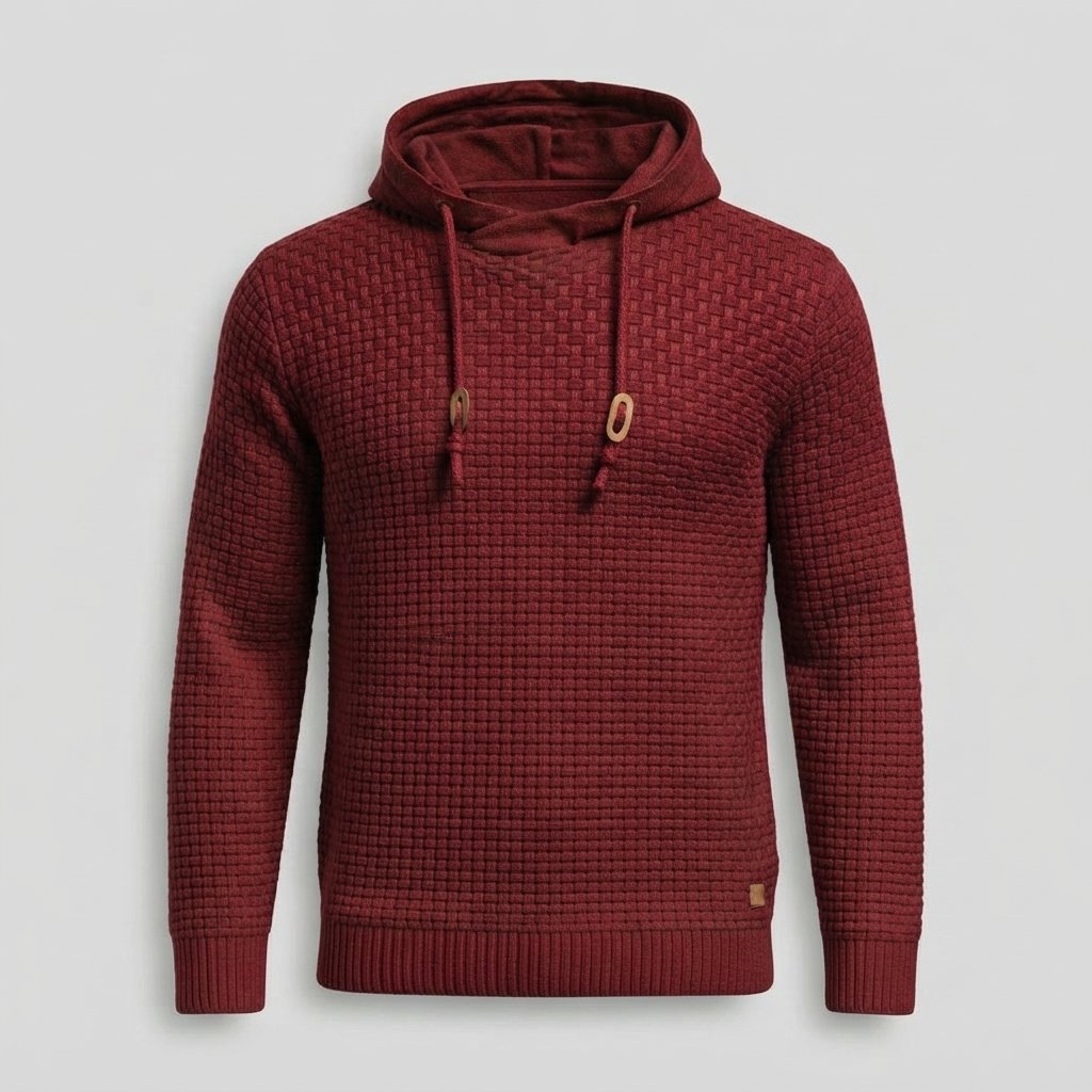 Waffle-Knit Pullover Hoodie with Drawstring Hood — Red