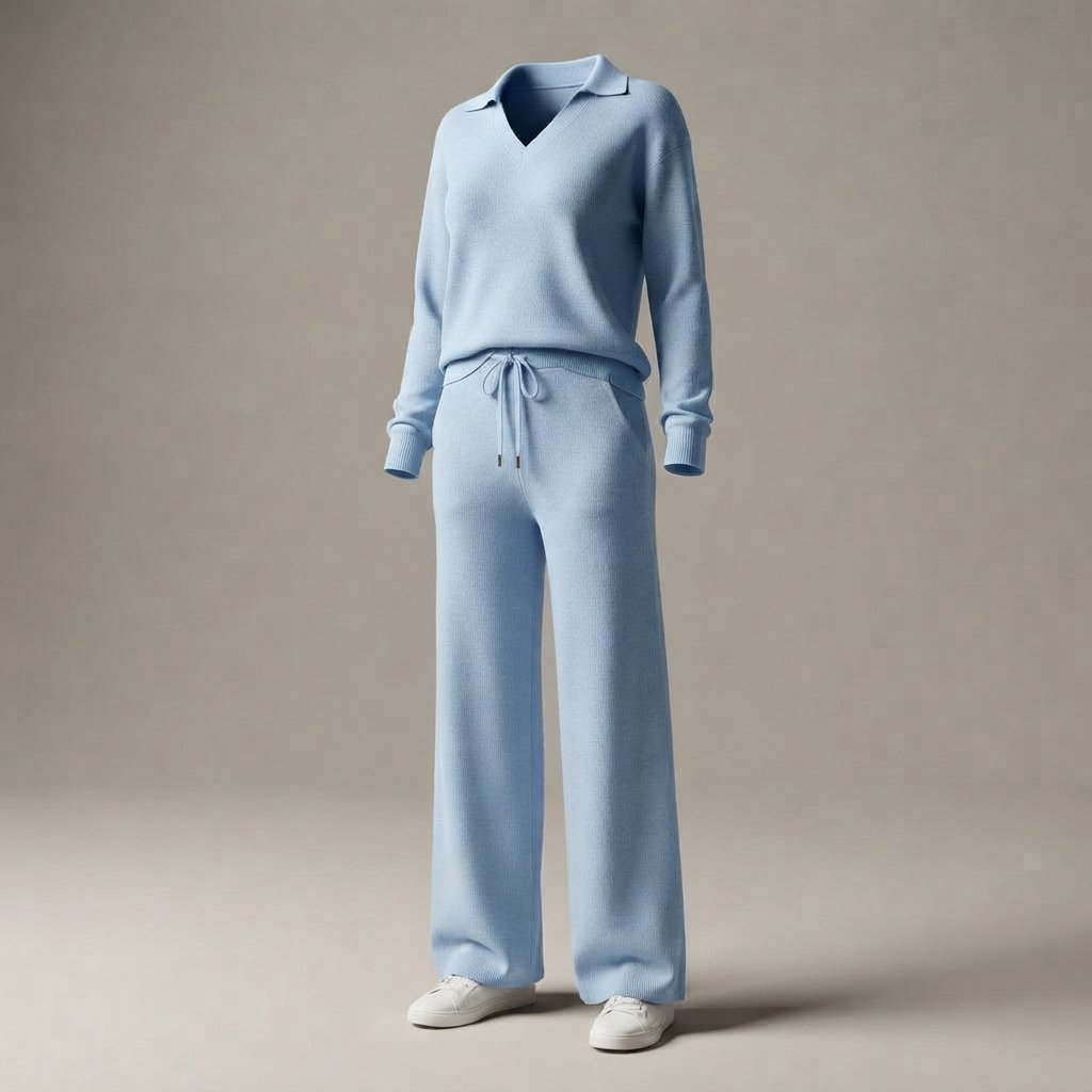 Women's 2-Piece Sweatsuit Set, Long Sleeve Top & Wide-Leg Trousers — Light Blue
