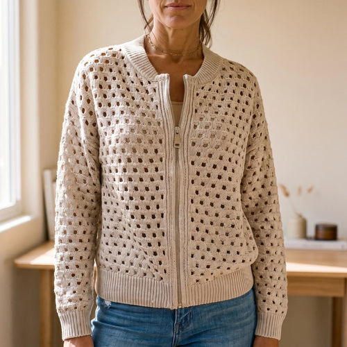 Aeryknit - Relaxed Open Knit Ladies Zip Up Cardigan 