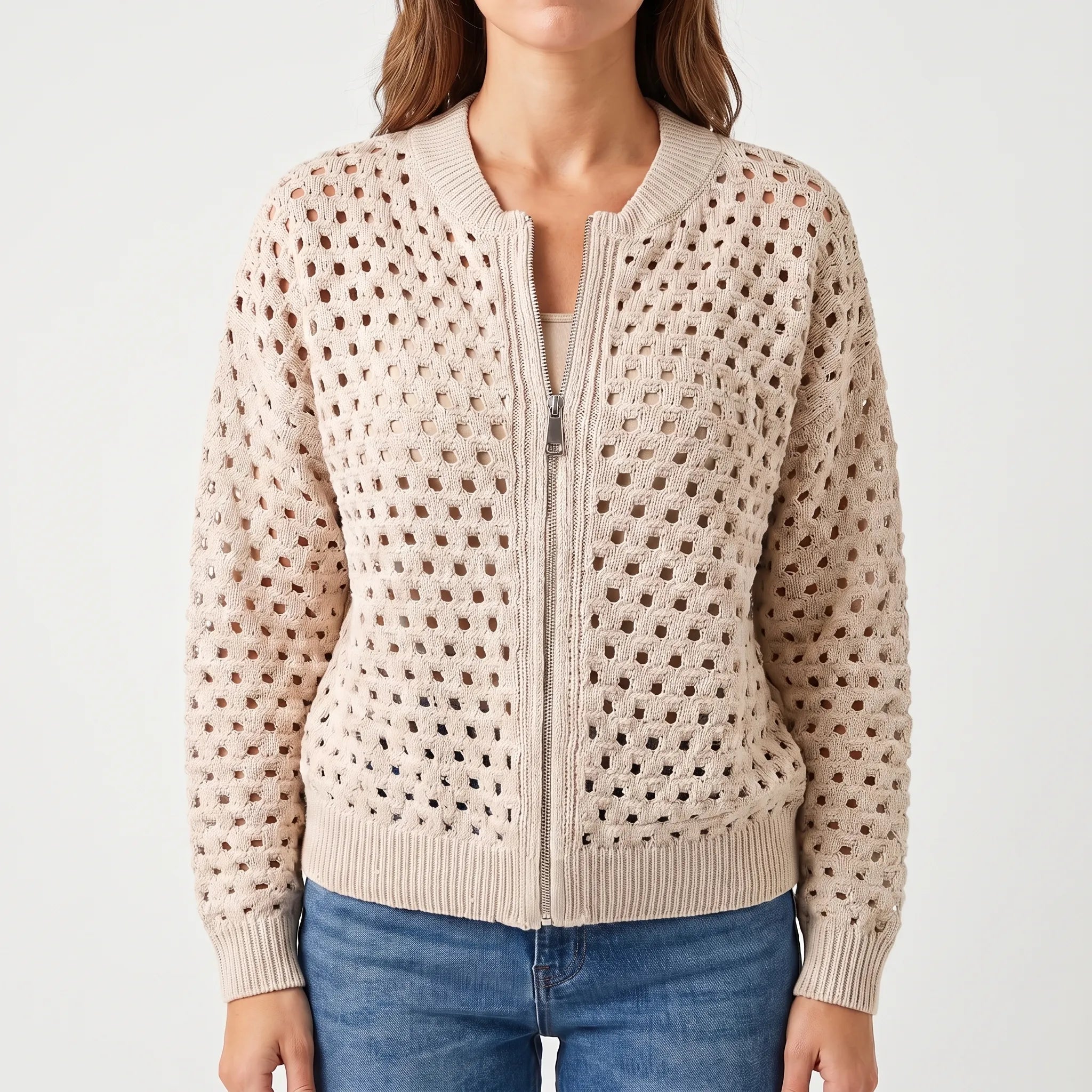 Aeryknit - Relaxed Open Knit Ladies Zip Up Cardigan 