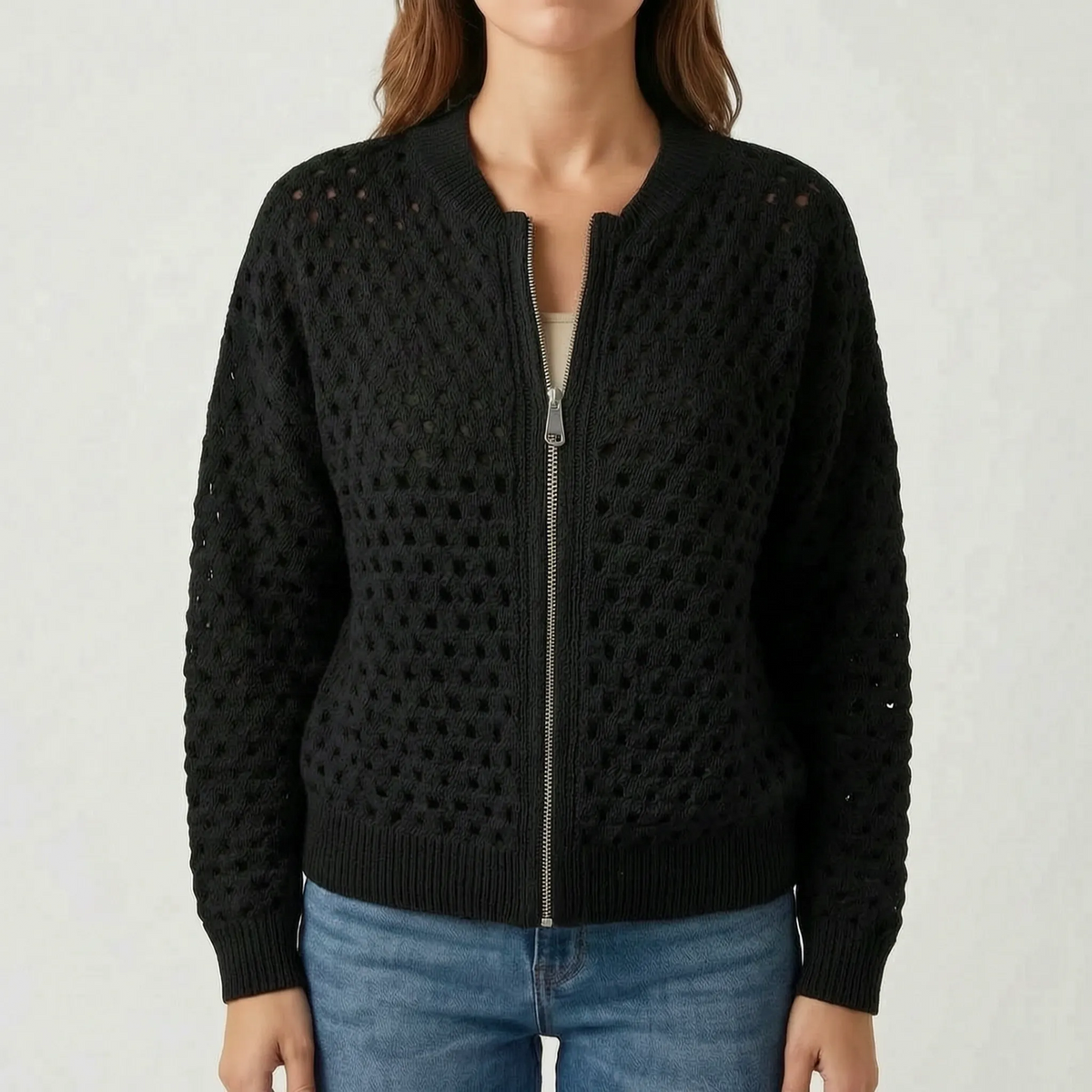 Aeryknit - Relaxed Open Knit Ladies Zip Up Cardigan 