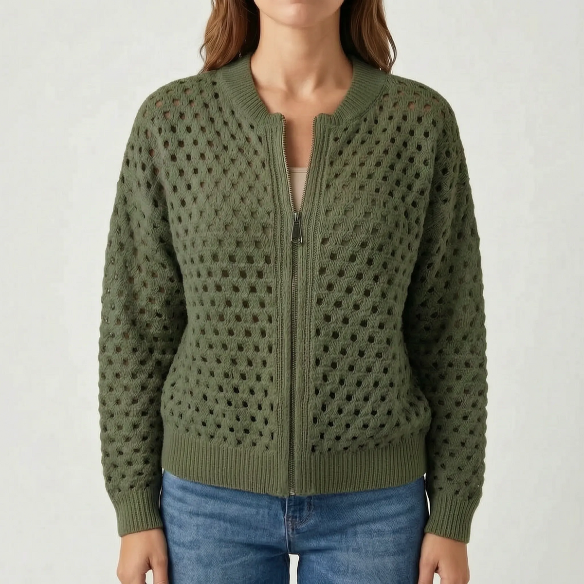 Aeryknit - Relaxed Open Knit Ladies Zip Up Cardigan 