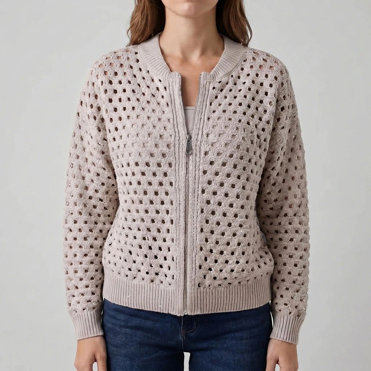 Aeryknit - Relaxed Open Knit Ladies Zip Up Cardigan 