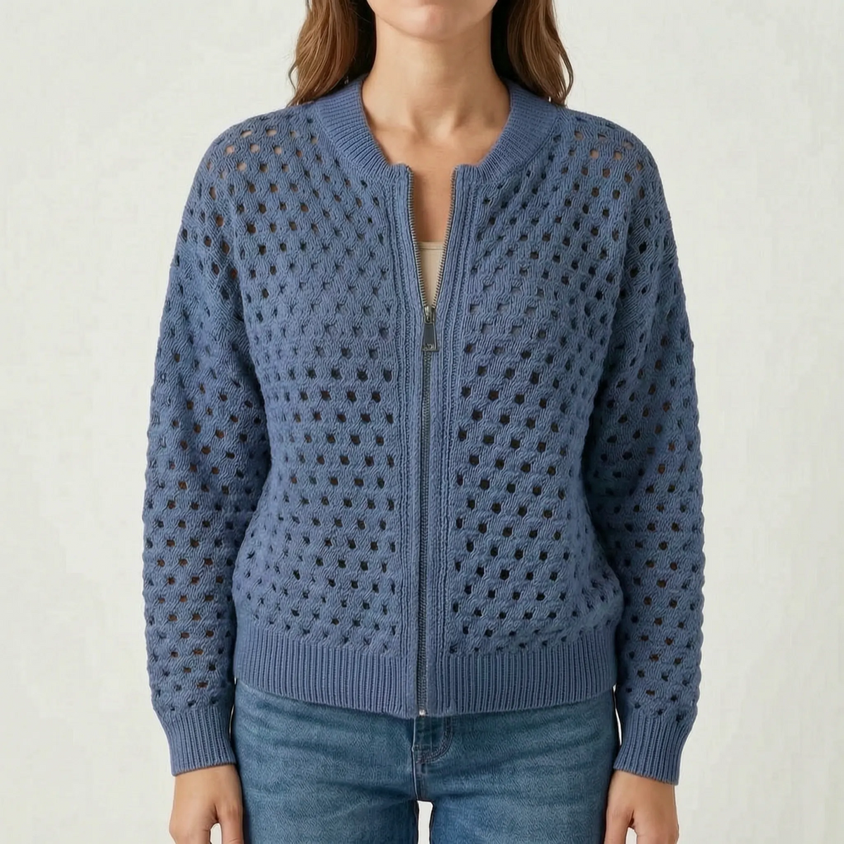 Aeryknit - Relaxed Open Knit Ladies Zip Up Cardigan 