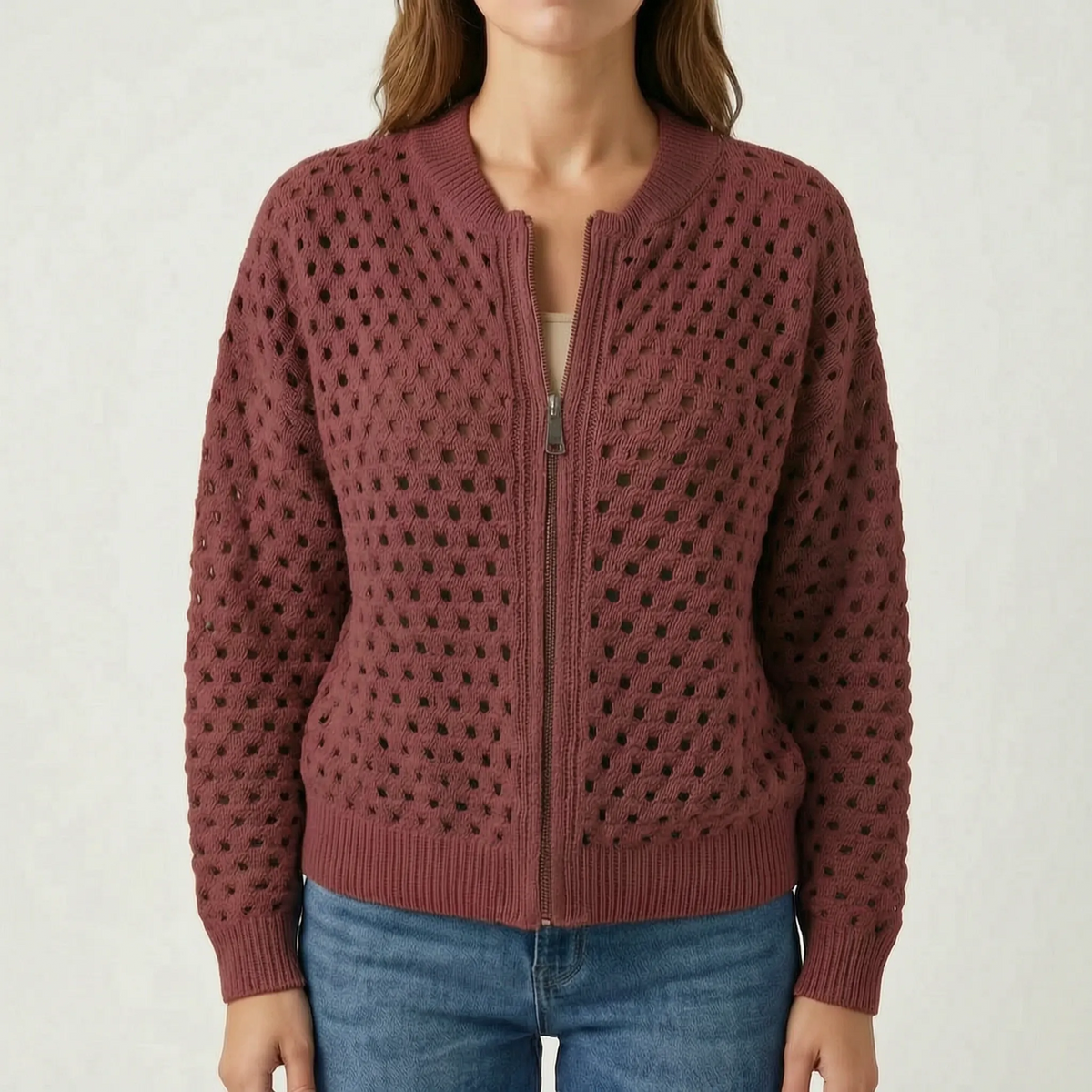 Aeryknit - Relaxed Open Knit Ladies Zip Up Cardigan 