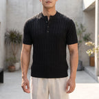 Cabelon - Cable-Knit Short-Sleeved Henley Shirt 