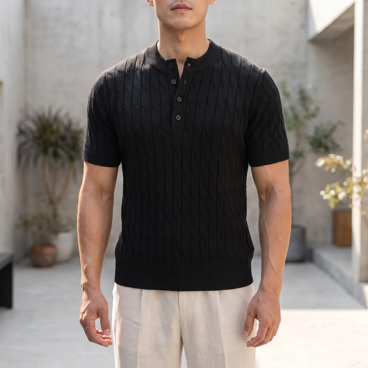 Cabelon - Cable-Knit Short-Sleeved Henley Shirt 