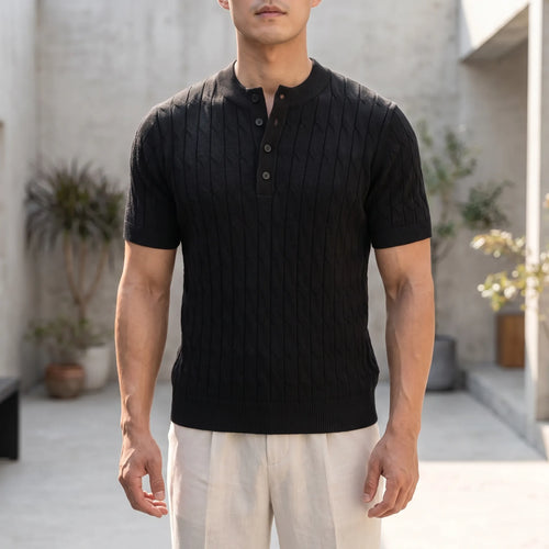 Cabelon - Cable-Knit Short-Sleeved Henley Shirt 