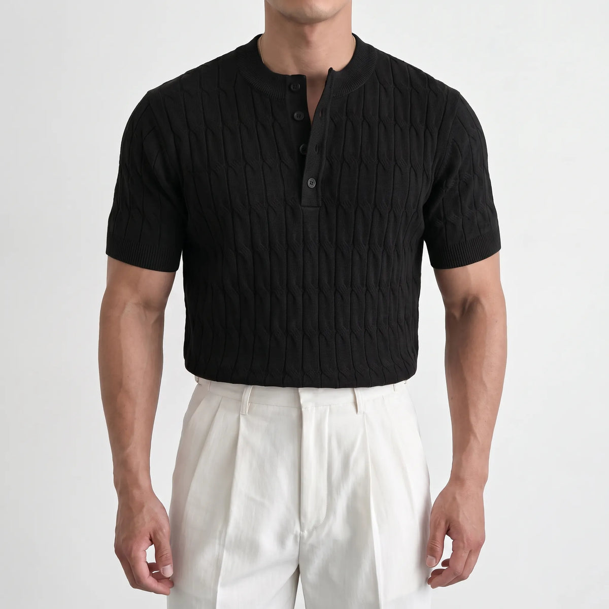 Cabelon - Cable-Knit Short-Sleeved Henley Shirt 