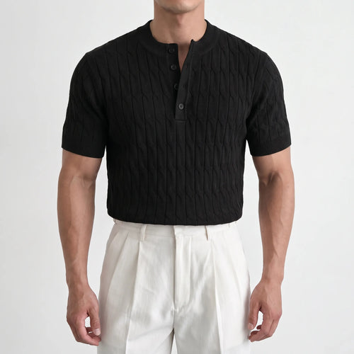 Cabelon - Cable-Knit Short-Sleeved Henley Shirt 